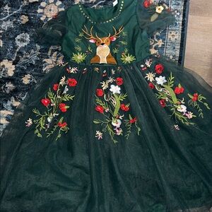 Mini Taylor Green Floral Embroidered Floral Chiffon Deer Holiday XMAS Dress 8/9